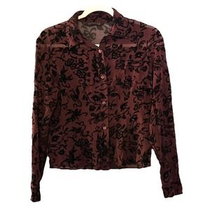 Express Velvet Burnout Silk Top M Burgundy Black Floral Button Up Whimsigoth Y2K